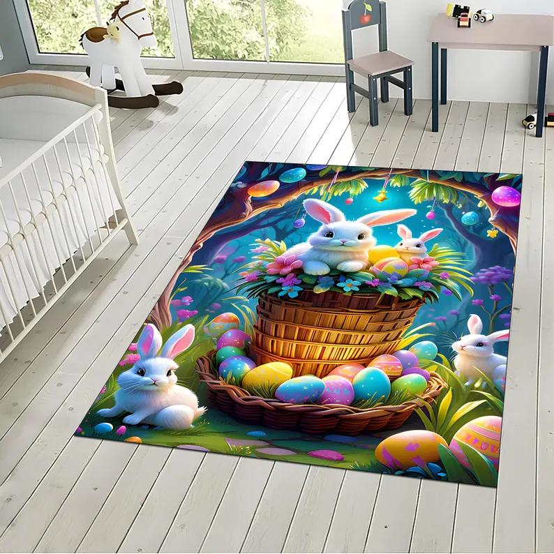 Easter Carpet Mat Rug with Three Bunnies Eggs Floral Spring Meadow Home Decoration for Living Room Welcome Mat Door Mat
