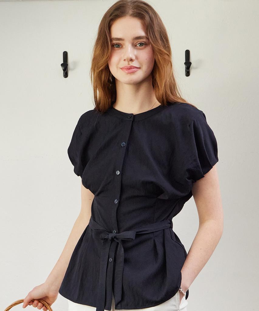 ITOV SEOUL Cocoon Sleeve Belted Blouse Navy