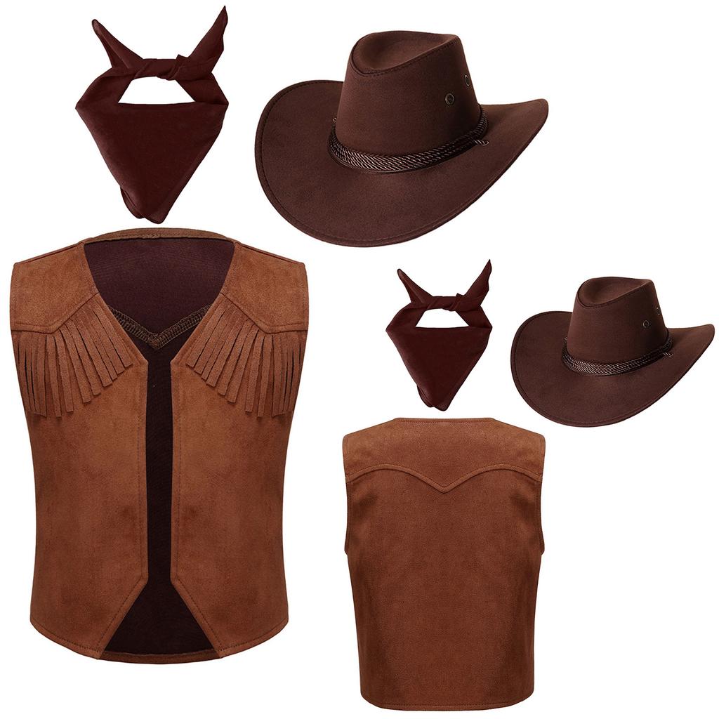 Kids Cowboy Costume Set Printed Fringe Vest Paisley Bandanna Matching Cowboy Hat Carnival Dress Up