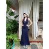 Summer new pure desire style temperament floral neck dress long dress lace lace splicing waist A-shaped skirt