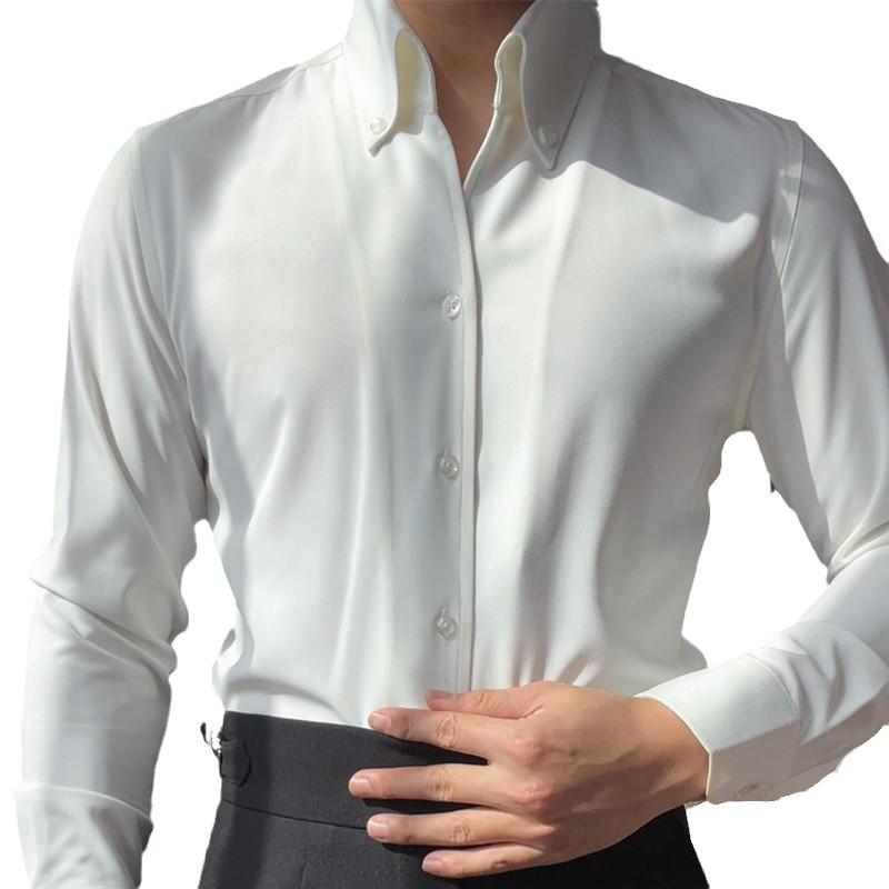 Men's Slim Fit White Long Sleeve French Shirt - Iron-Free, Large Collar, Business Formal