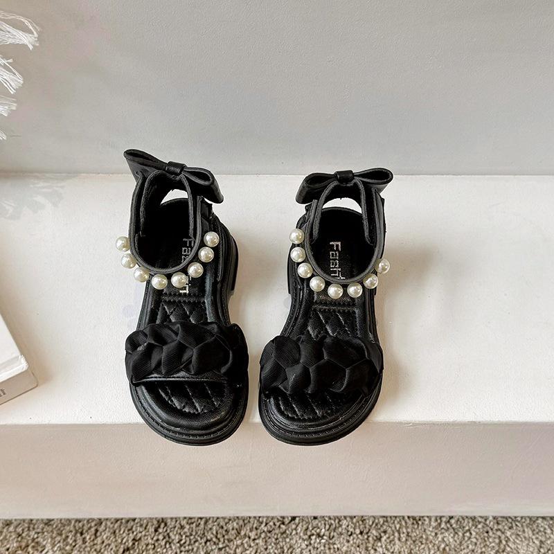 Girls' 2026 Summer Princess Sandals with Pearls & Bows – Stylish Roman Beach Shoes for Older Children