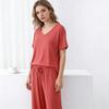 Summer Modal Homewear 2 Piece V-Neck Short Sleeve Tshirt and Wide Leg Pant Ankle Length Loose Sleepwear Set Comfort Pajama Sets