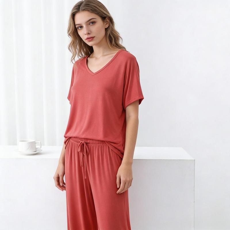 Summer Modal Homewear 2 Piece V-Neck Short Sleeve Tshirt and Wide Leg Pant Ankle Length Loose Sleepwear Set Comfort Pajama Sets