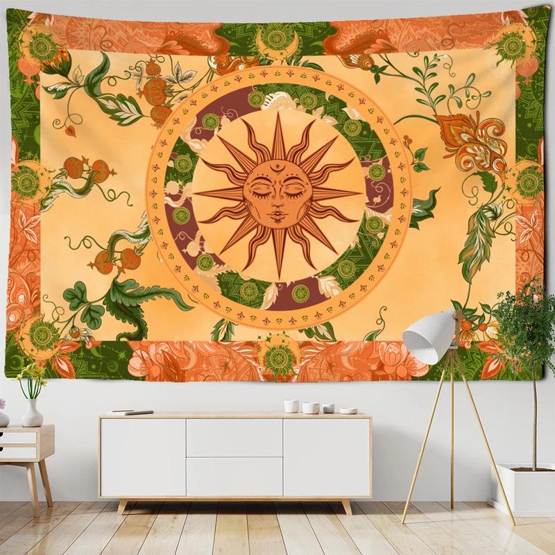 VIKAMA Fresh Green Sun God Tapestry BohemianStyle Bedroom Headboard Decorative Backdrop Room Decoration