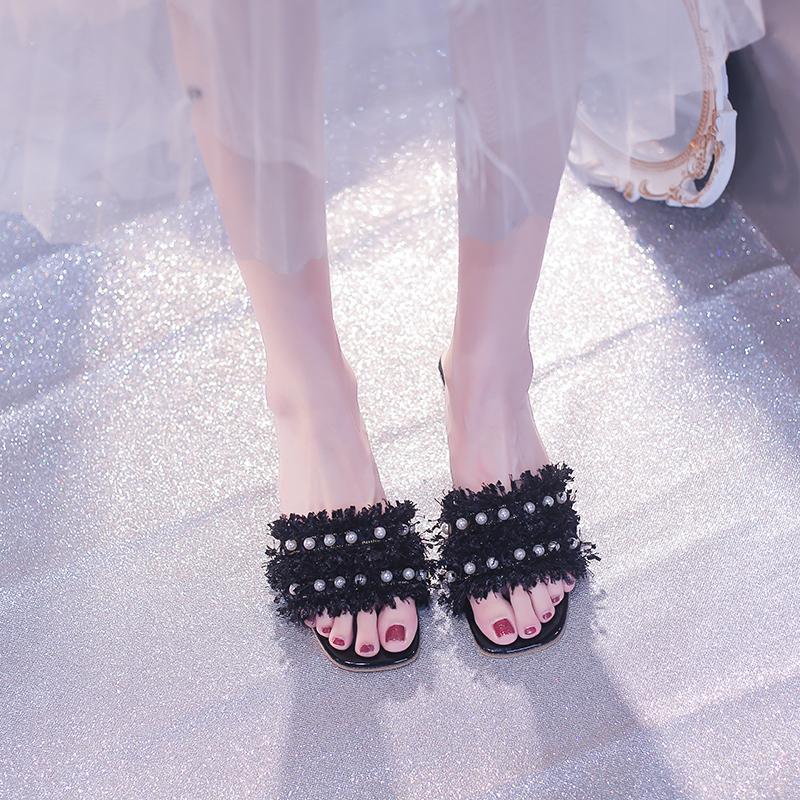 Chunky Heel Slippers for Women To Wear As Outerwear In Summer, New Square Toe Open Toe Pearl Fashionable Mid-heel Sandals