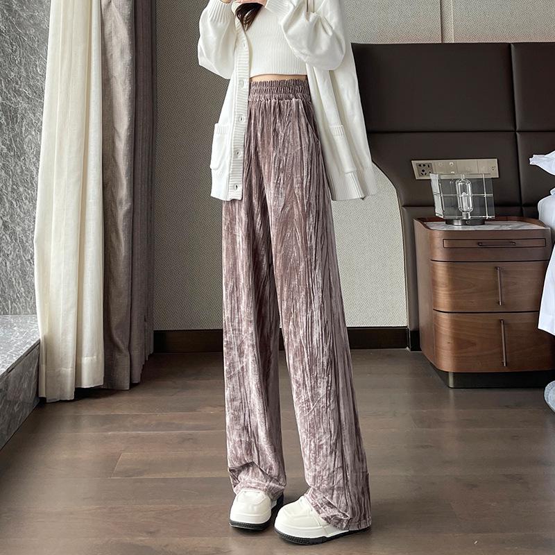 Golden Velvet High-Waist Fleece-Lined Wide-Leg Pants for Women - Slimming & Casual Autumn/Winter Trousers