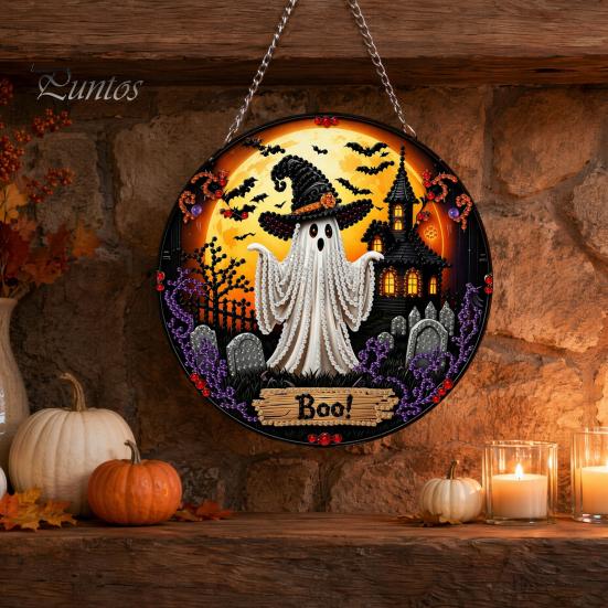 Decorazione Appesa per Festa di Halloween Gatto Nero Luna Kit Pittura con Strass, Decorazione in Cristallo Sintetico Sfaccettato, Progetti Artistici con Diamanti per Adulti Artigianato Fai da Te Finestra per Casa