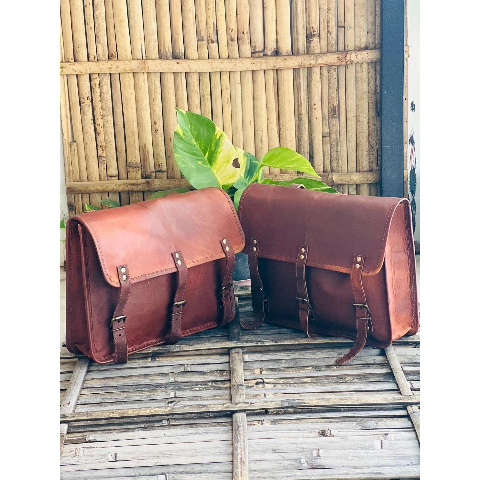 

Leather Motorcycle Saddle Bags Brown Pouch Side Panniers Real Two 15 x 11 x 4 in