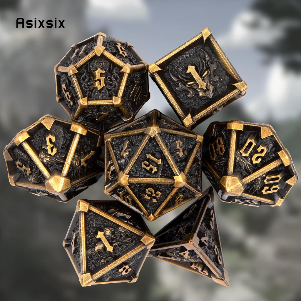 7 Pcs Black Yellow Skull Metal Dice Solid Metal Polyhedral Dice Set Suitable for Role-Playing RPG Board Game Card Game