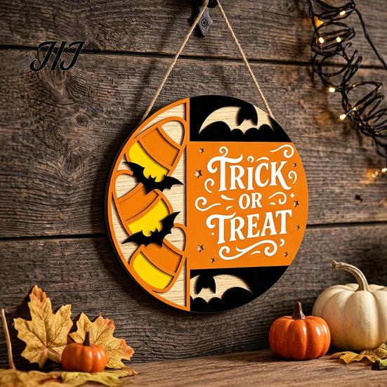Seasonal Hanging Sign Halloween Trick or Treat Wooden Door Sign, Retro Round Bat Silhouette Decor Plaque for Home Front Wall & Party Decoration
