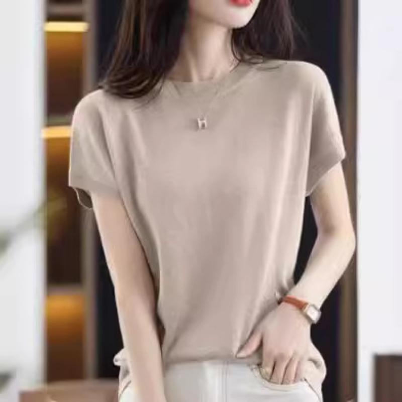 Women's Knitted Short Sleeved T-shirt Loose Ice Silk T-shirt Bright Silk Breathable Shirt