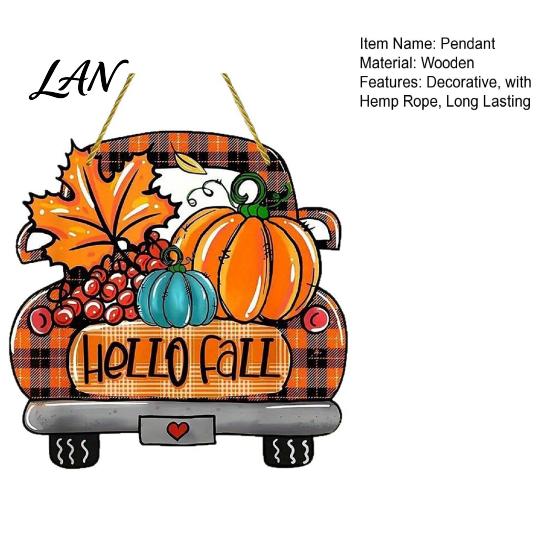 Orange Maple Leaf Ornament Hello Fall Wooden Hanging Sign, Retro Plaid Pickup Truck Ornaments, Wall Pendant Autumn Door Sign with Pumpkin And