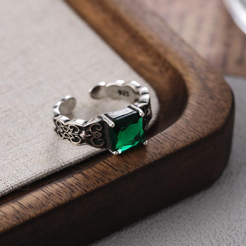 Elegant Vintage Green Zircon Geometric Open Adjustable Ring For Women Fashion 2024