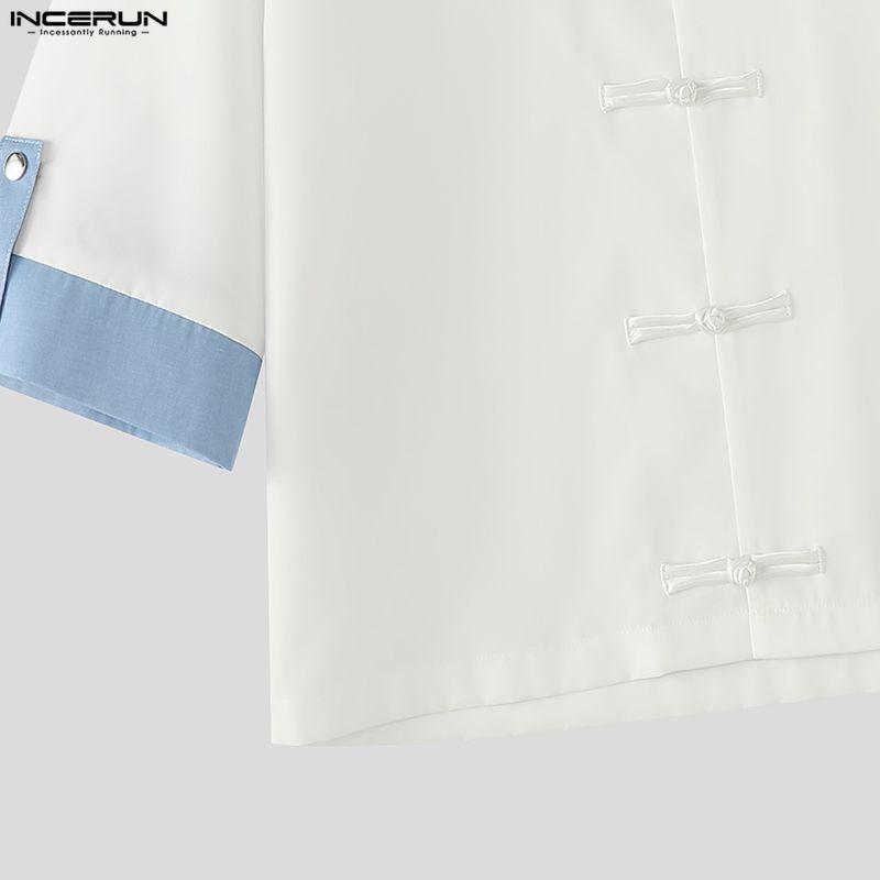 INCERUN Camicie Casual Estive da Uomo con Collo a Rever, Manica Corta, Cuciture, Bottoni, Top