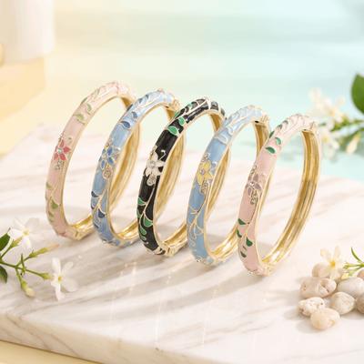 Gold Plated Enamel Bangle Bracelet Retro Light Luxury Flower Enamel Bangle  Traditional Chinese