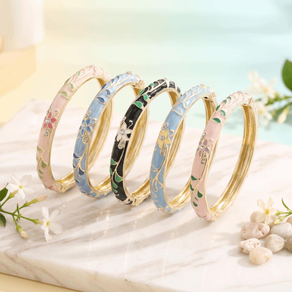 Gold Plated Enamel Bangle Bracelet Retro Light Luxury Flower Enamel Bangle Traditional Chinese