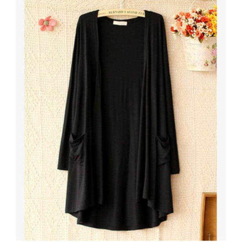 

Весна-лето Модальный женский кардиган с длинными рукавами, солнцезащитная куртка среднего и длинного размера, свободный крой, пляжный костюм с кондиционером, тонкая одинарная куртка One size чёрный