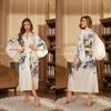 Print Satin Women Long Robe Retro Sleepwear Seven Quarter Sleeve Kimono Bathrobe Loose Home Wear