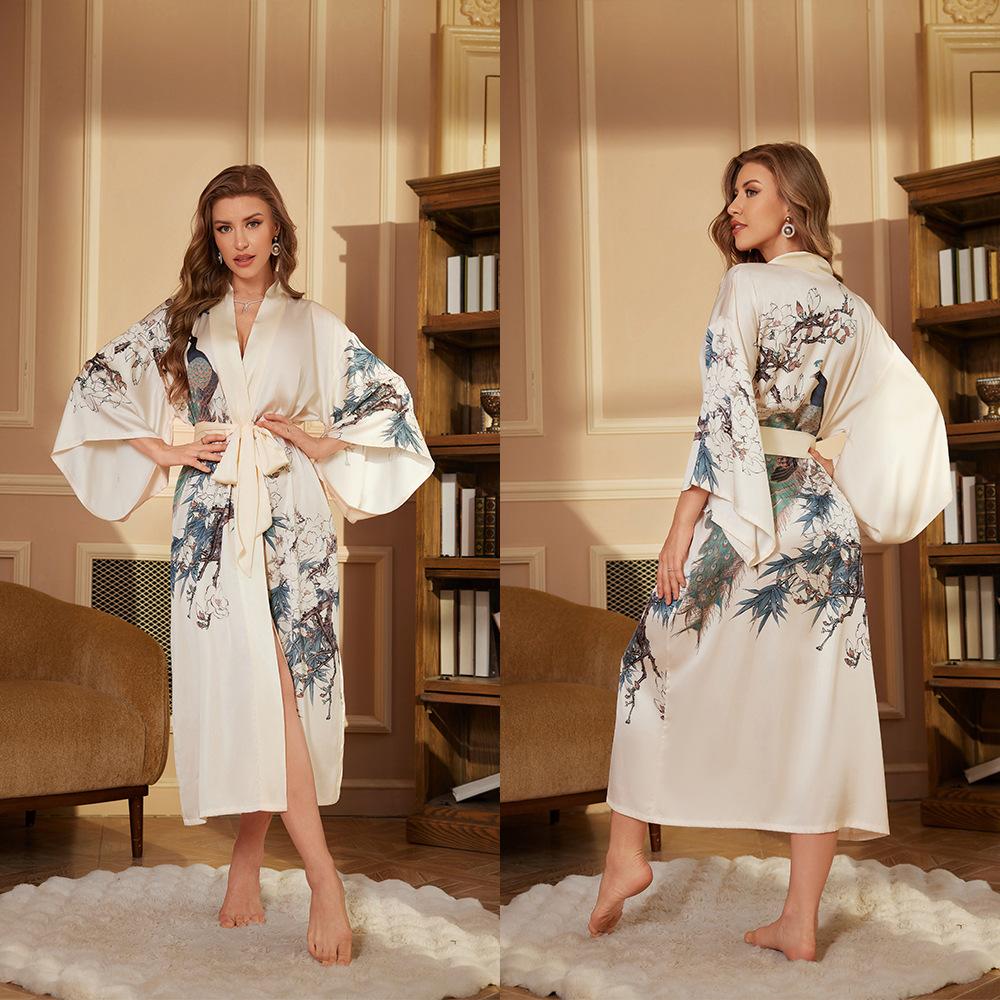 Print Satin Women Long Robe Retro Sleepwear Seven Quarter Sleeve Kimono Bathrobe Loose Home Wear