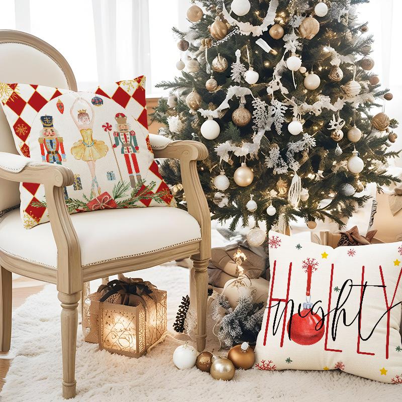New Nutcracker Christmas Pillowcase Linen Printed Pillowcase Festive Room Sofa Decoration Cushion Cover