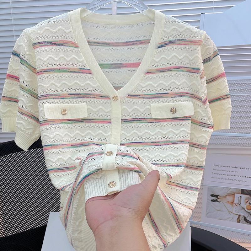 Women's Knitted T-shirt Hollow Stripe Ice Silk Needle V-neck Women's Short Sleeve Thin T-shirt