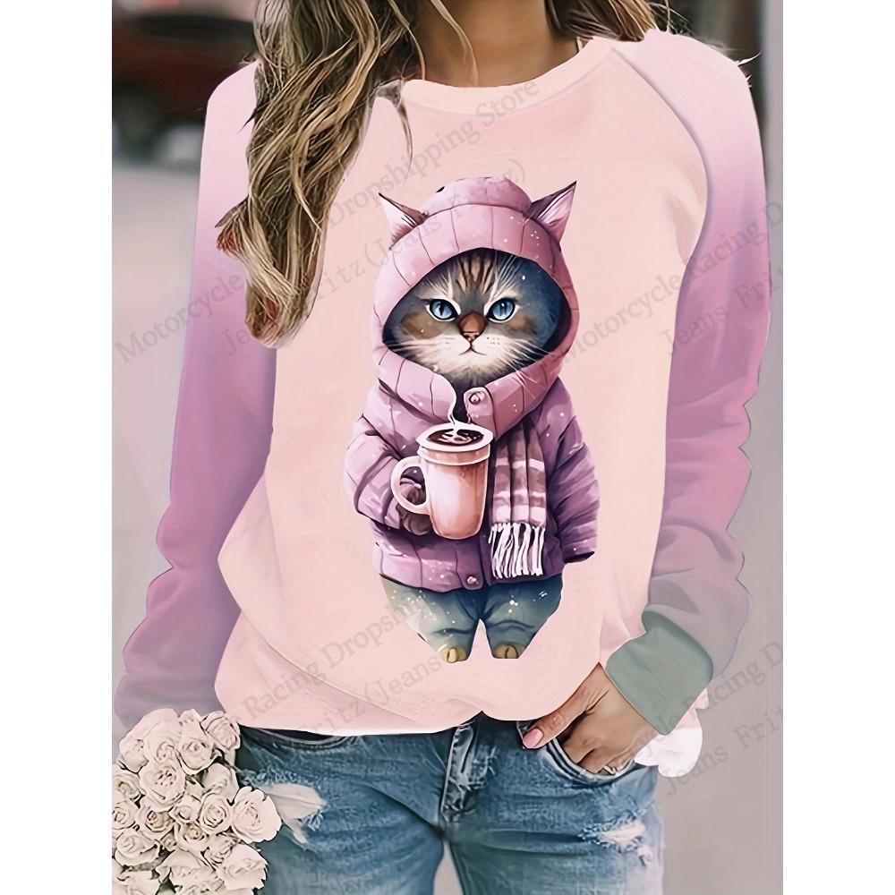 Lustige Cartoon-Katzen 3D-gedruckte Sweatshirts für Damen, modische Tier-Sweatshirts mit Rundhalsausschnitt für Damen, lässige Langarmbekleidung