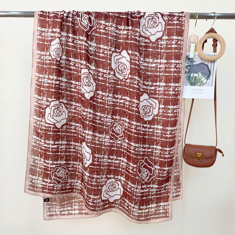 New spring and summer plaid rose scarf women's thin classic camellia breathable shawl travel sun protection
