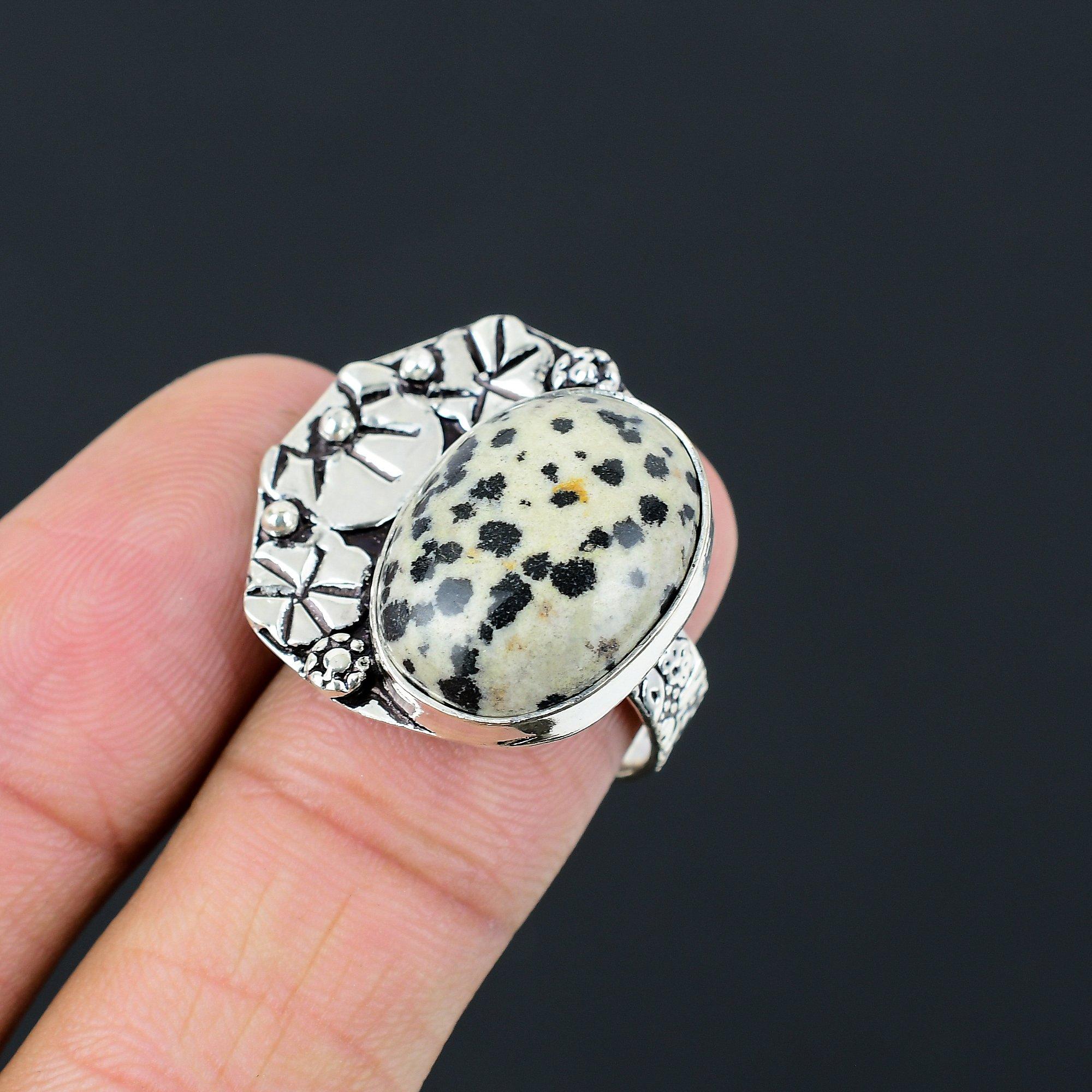925 Silver Oval Dalmatian Jasper Stone Statement New Stackable Ring Jewelry US 8 8