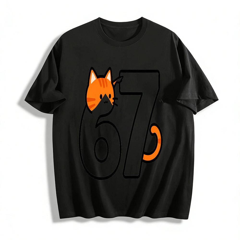 Cute Cat Number 67 Graphic Print Casual Top Pure cotton T-shirt XXS