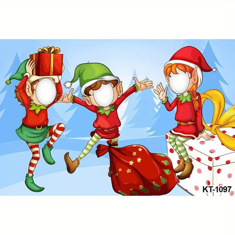Playful Christmas Elves Tapestry, Cartoon Cutout Board with Elves, Gifts and Winter Forest, Fun Kids' Party Wall Art