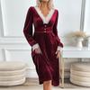 Autumn New Christmas Vintage Party Lace V-Neck Velvet Dress