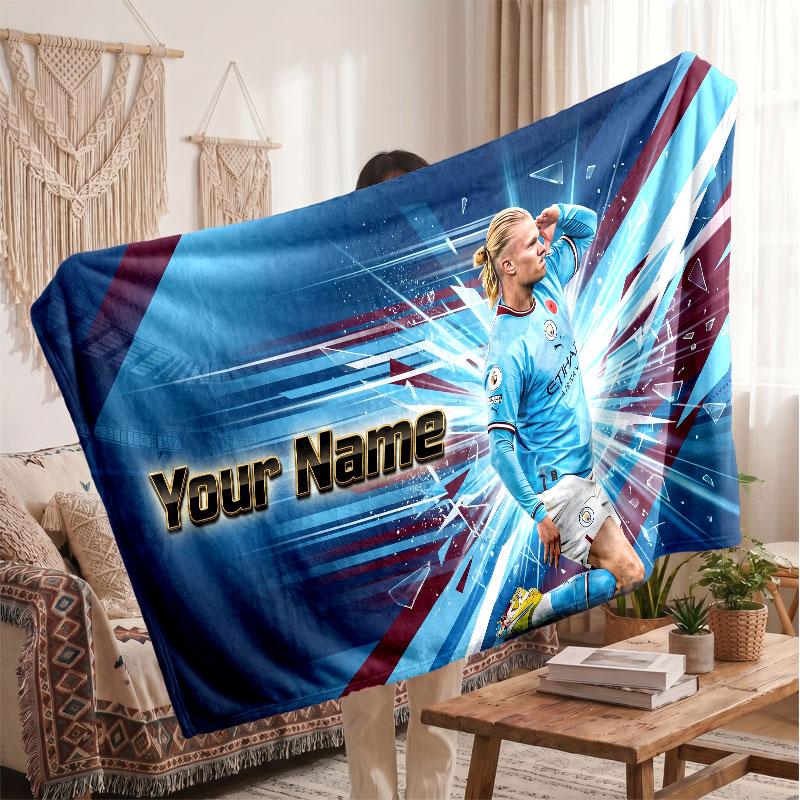 Erling Haaland Personalized Fleece Blanket With Football Logo, Custom Name Text Soft Warm Home Throw Blanket
