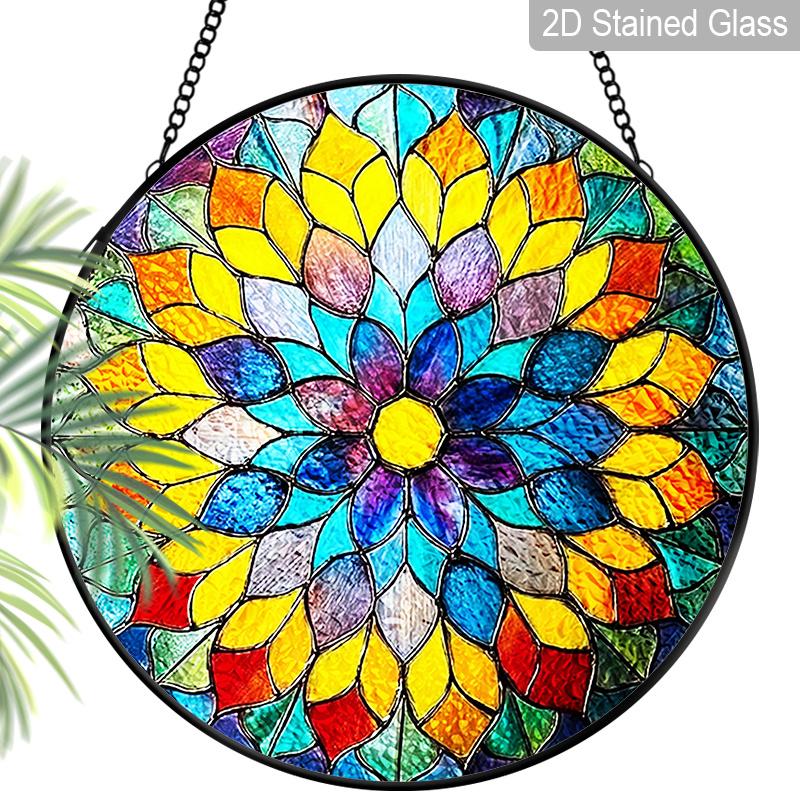 2D Flat Stained Glass Rainbow Mandala Window Decoration, 6.3/7.87inches Colored Glass Plate with Chain, Charming Indoor/Outdoor Sun Catcher Home