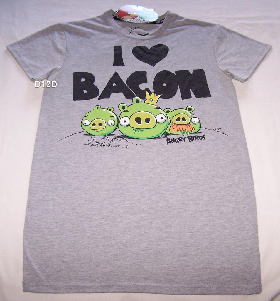 Angry Birds I Love Bacon Mens Grey Printed Short Sleeve T Shirt Size M New