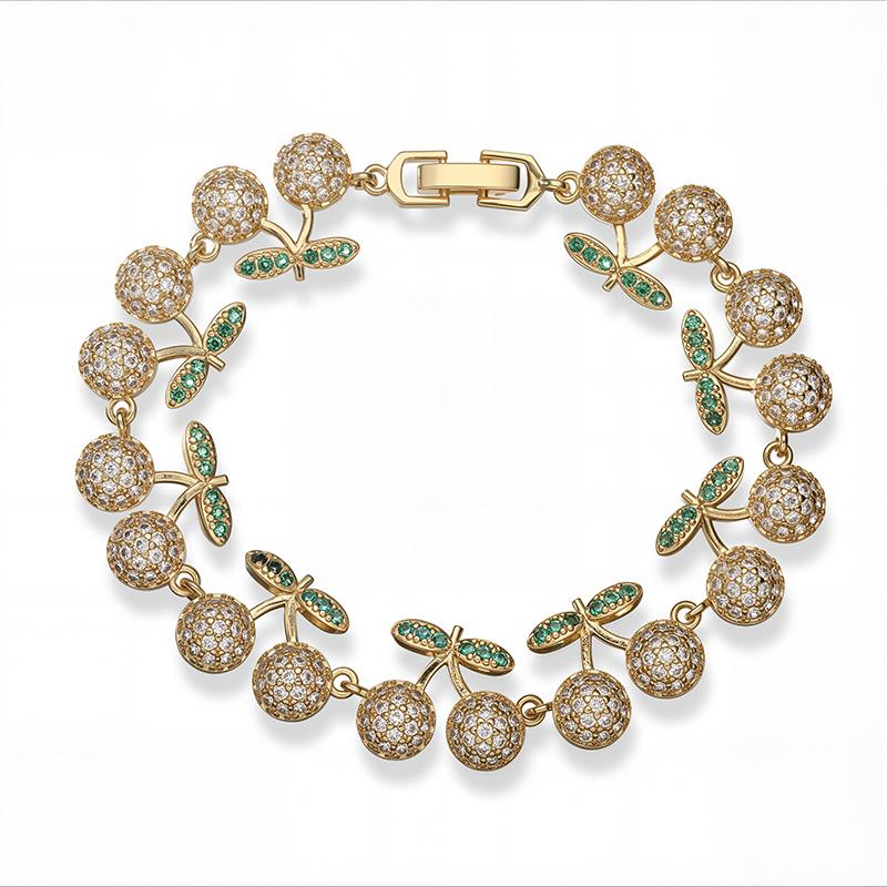 18K Gold Plated Brass Sweet and Cute Splicing Adjustable Cherry Flower Zircon Bracelet for Women's Zircon Birthday Gift 1 Pcs