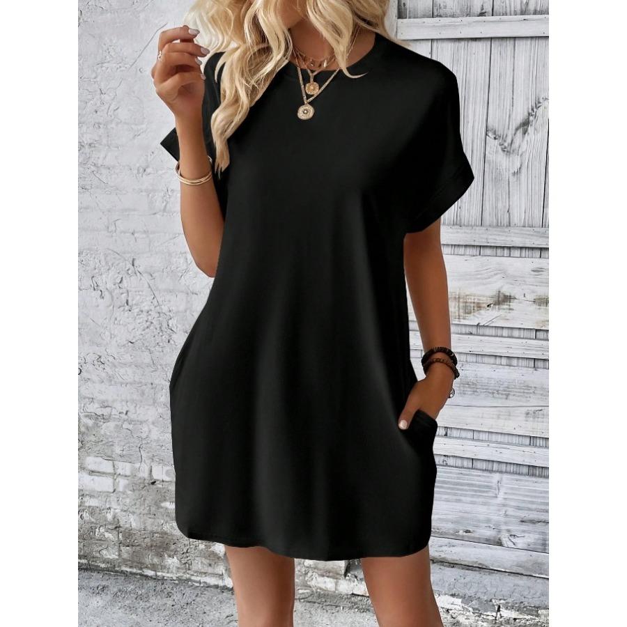 2026 New Women's Spring Summer Solid Color Round Neck Loose Fit Short Sleeve Pocket Casual Beach Dress