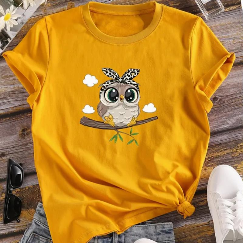 Fashion Women Cartoon Kawaii Owl Print T Shirt Funny Casual O-neck Short Sleeves T-shirt Summer Female Tee Shirt