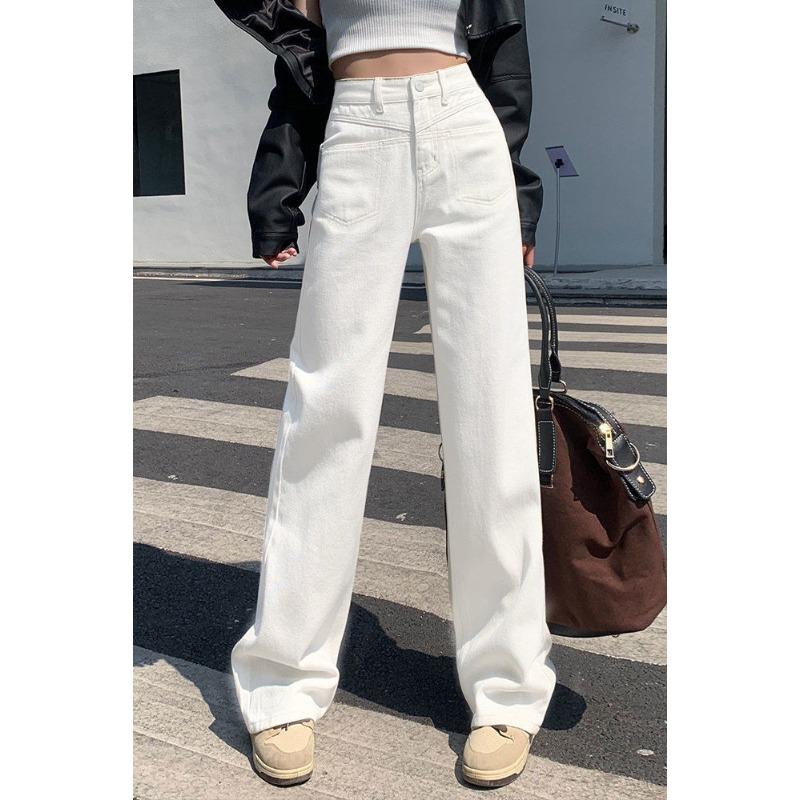 

Women High Waisted Beige Straight Leg Jeans Spring Autumn Korean Style Wide Leg Pants Slim Fit V Line Stitching XXL бежевий