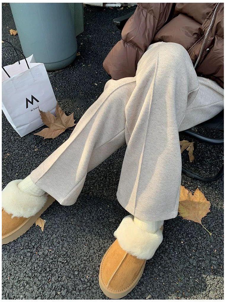 Women's Gray Herringbone Wool Pants, Autumn Winter, Plus Velvet, Narrow Wide-Leg Style, 2025.