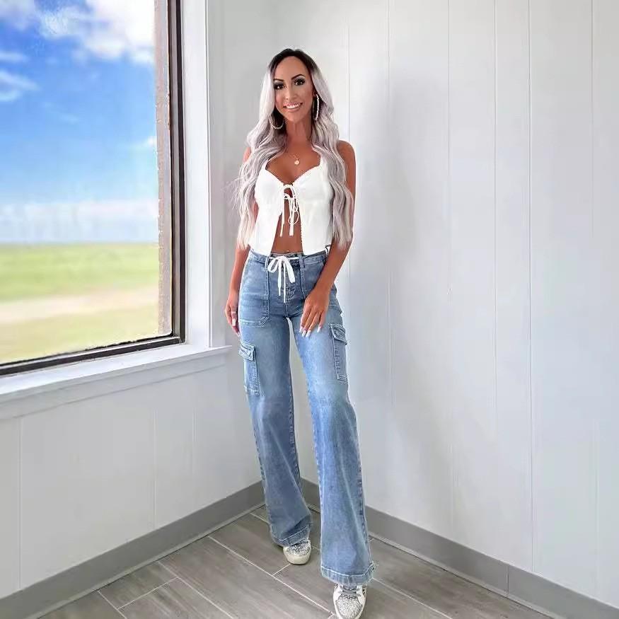 VEZFAA Moda feminina casual cor sólida estampa calças de cintura alta calças e capris