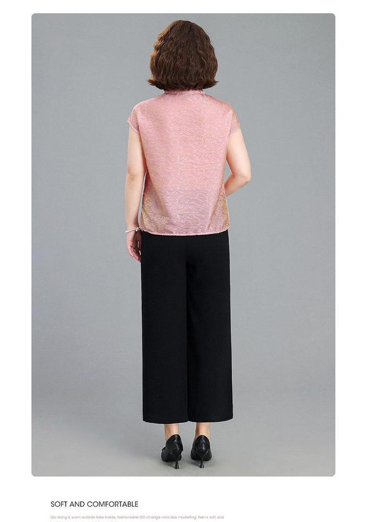 Mom's Chic Summer Chinese Style Two-Piece Short-Sleeve Top for Middle-Aged Women