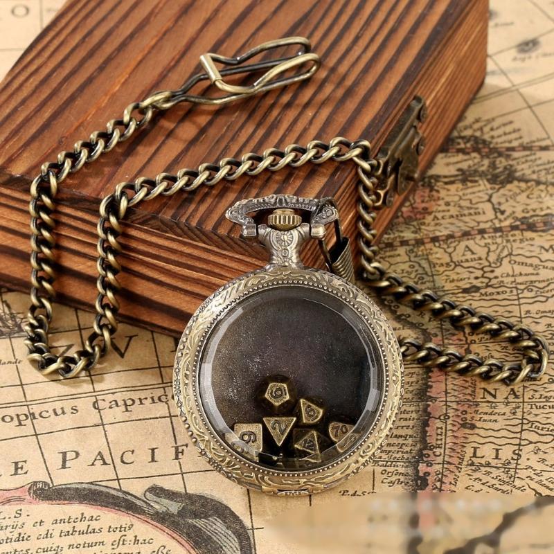 Unique Pocket Watch Case with 7pcs/set Metal Polyhedral Dices Pendant Delicate Pocket Watch for Gamers and Collectors