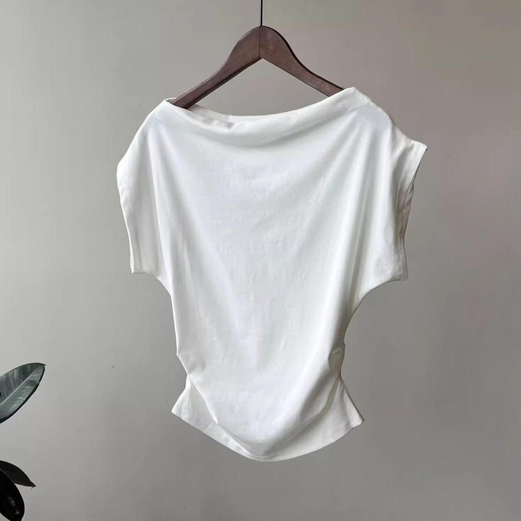 Damen Sommer Asymmetrisches Off-Shoulder Wasserfallkragen Modals Baumwoll T-Shirt