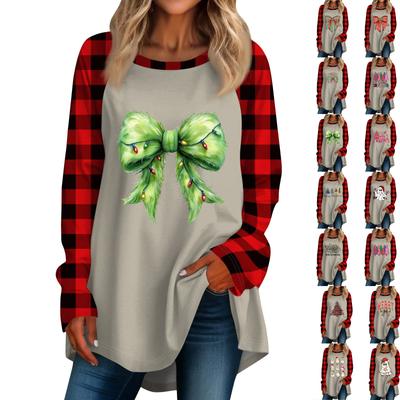 Women's Casual Plus Size Long Sleeved Round Neck Christmas Printed T-shirt Top Pullover