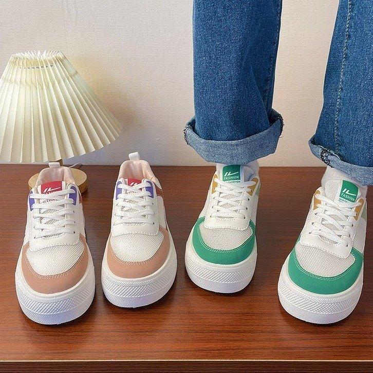 Summer mesh sports white shoes women's summer new thick-soled round head color matching student leisure board