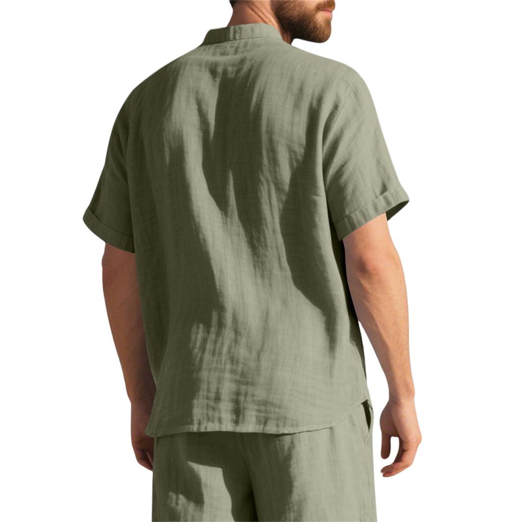 Men's Solid Color Classic Loose Linen Carburean Stand-up Collar Short-sleeved Sporty Casual Shirt Top