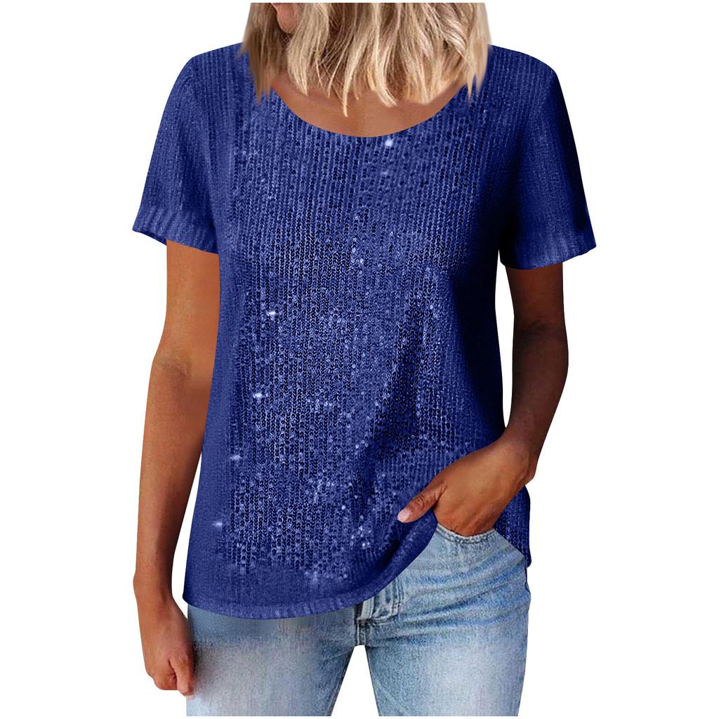 Women Multi Color Round Neck Short Sleeve Glitter Sparkle Casual Top