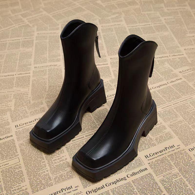Women's Shoes Mid Heel Pumps Mid-Calf Boots Fashion Chelsea Boots Autumn and Winter Thick Soled Square Toe Short Boots