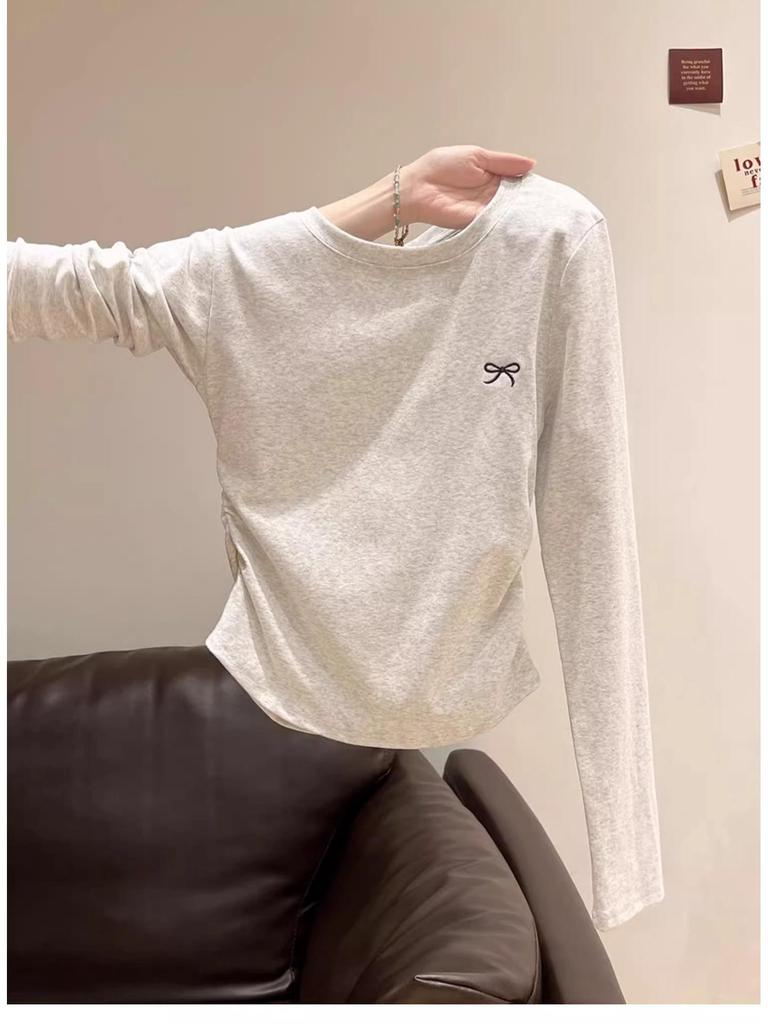 Φθινοπωρινή Γυναικεία Μπλούζα με Στρογγυλή Λαιμόκοψη, Κέντημα Φιόγκο, Μακρύ Μανίκι και Πλισέ Λεπτομέρειες